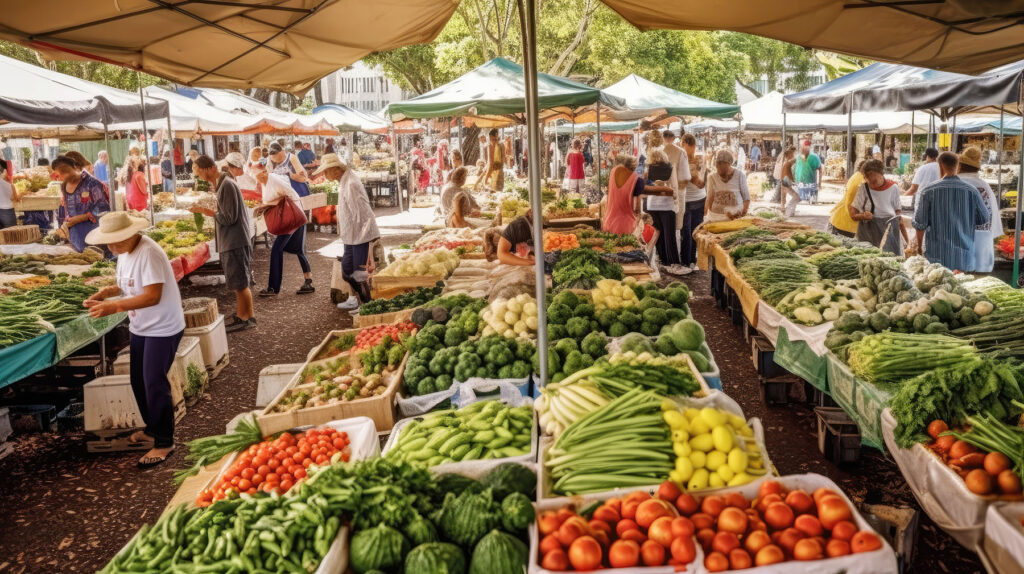 A bustling farmers market displaying a vibrant array of fresh produce