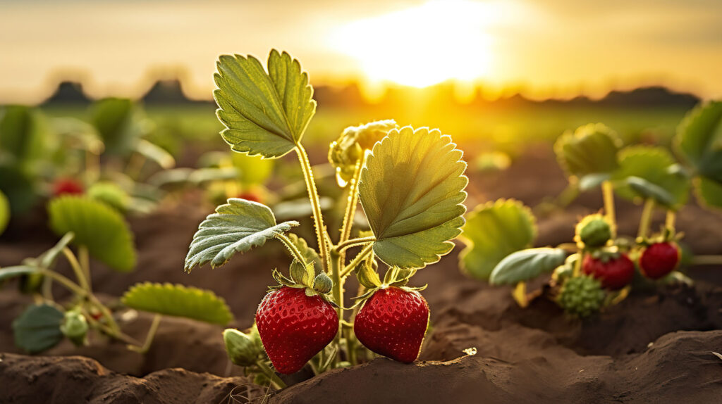 Strawberry growing on a field in the Netherlands at sunset.